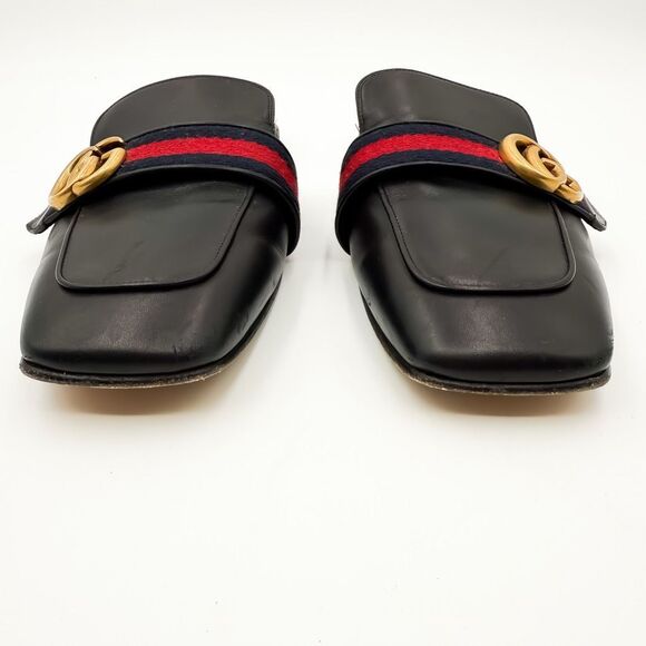 Gucci GG Web Stripe Peyton Mules Flat Slides Black Leather Loafers - Picture 2 of 11